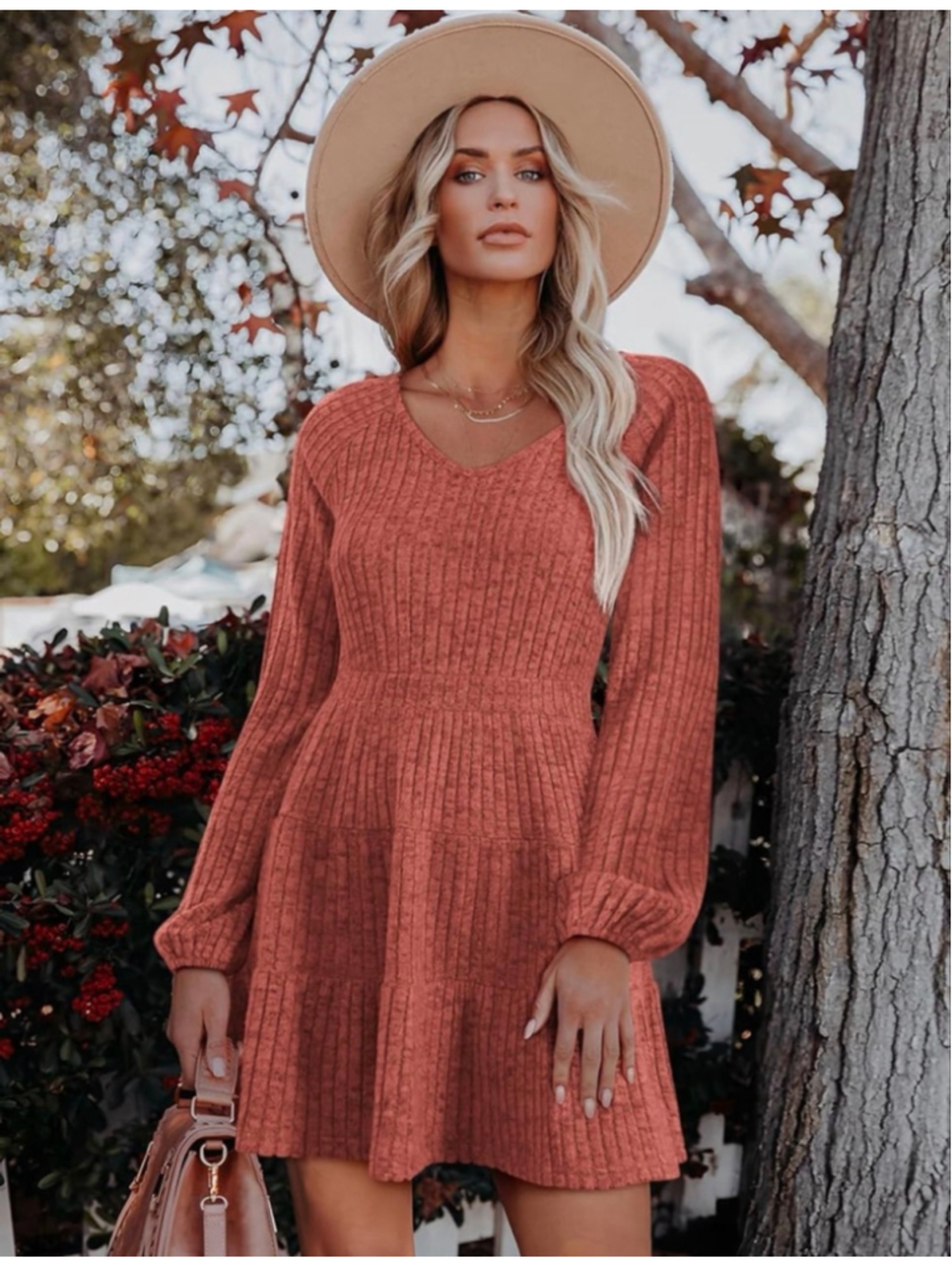 NEW Soft Long Sleeve V Neck Sweater Dress Ribbed Knit Casual mini Dress L - Picture 4 of 7